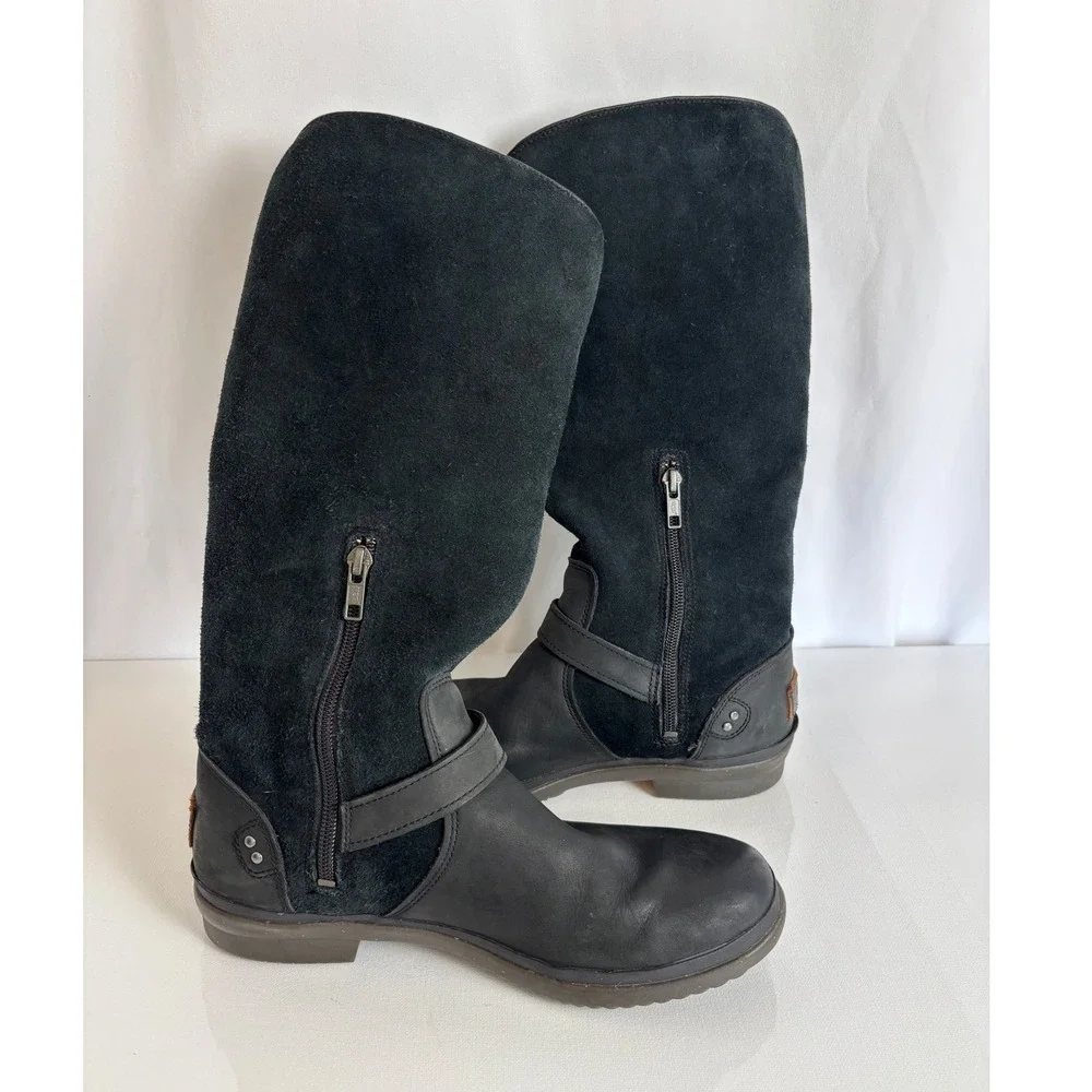 UGG Elsa Waterproof Black Leather Suede Tall Boots Womens 8.5 Moto Equestrian